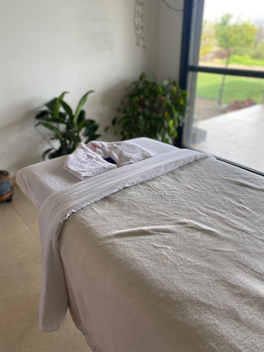 A serene massage treatment table by a sunlit window with plants